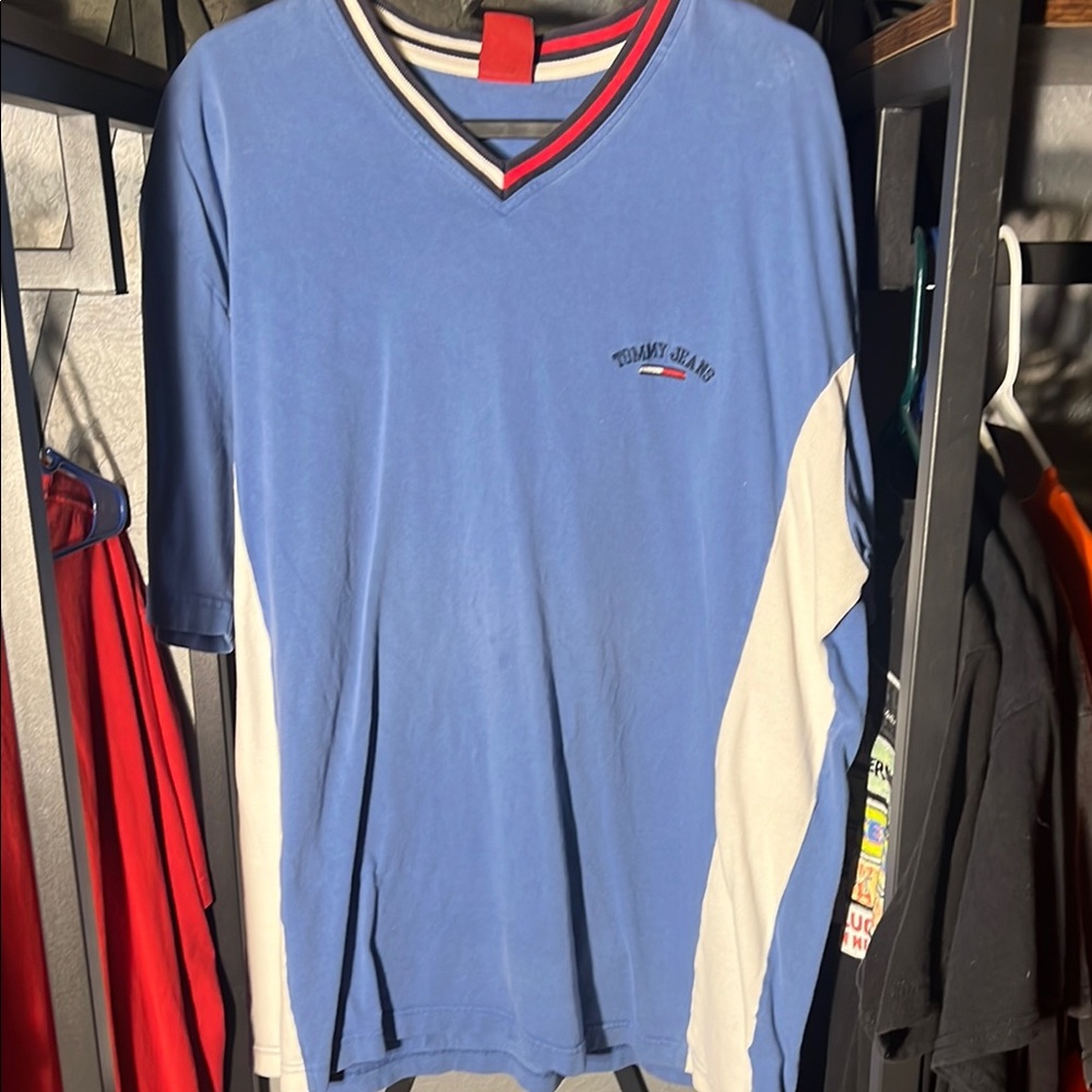 Tommy Hilfiger Denim Blue and White Men's V-Neck Shirt